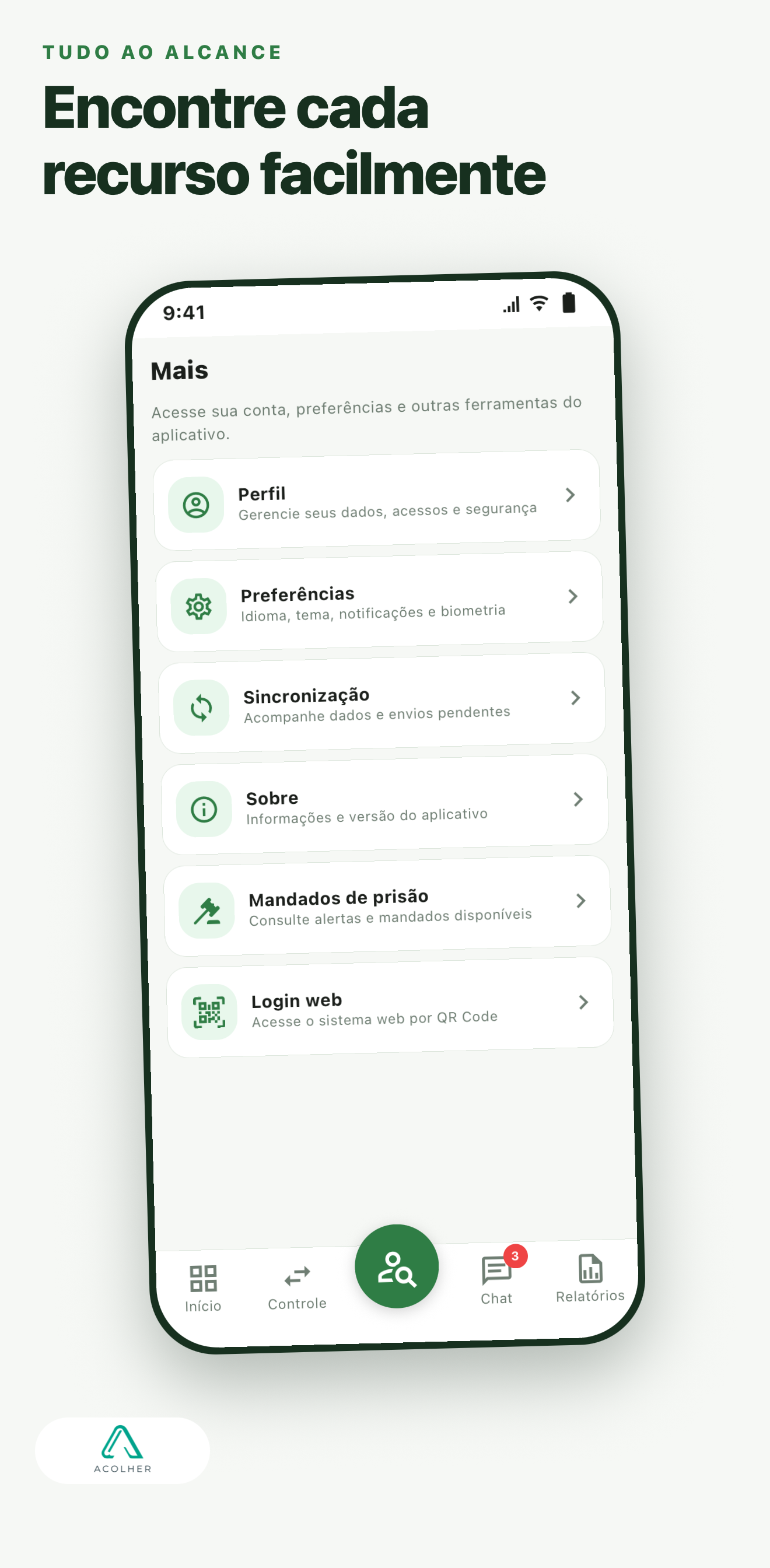 Acolher — Menu e navegação