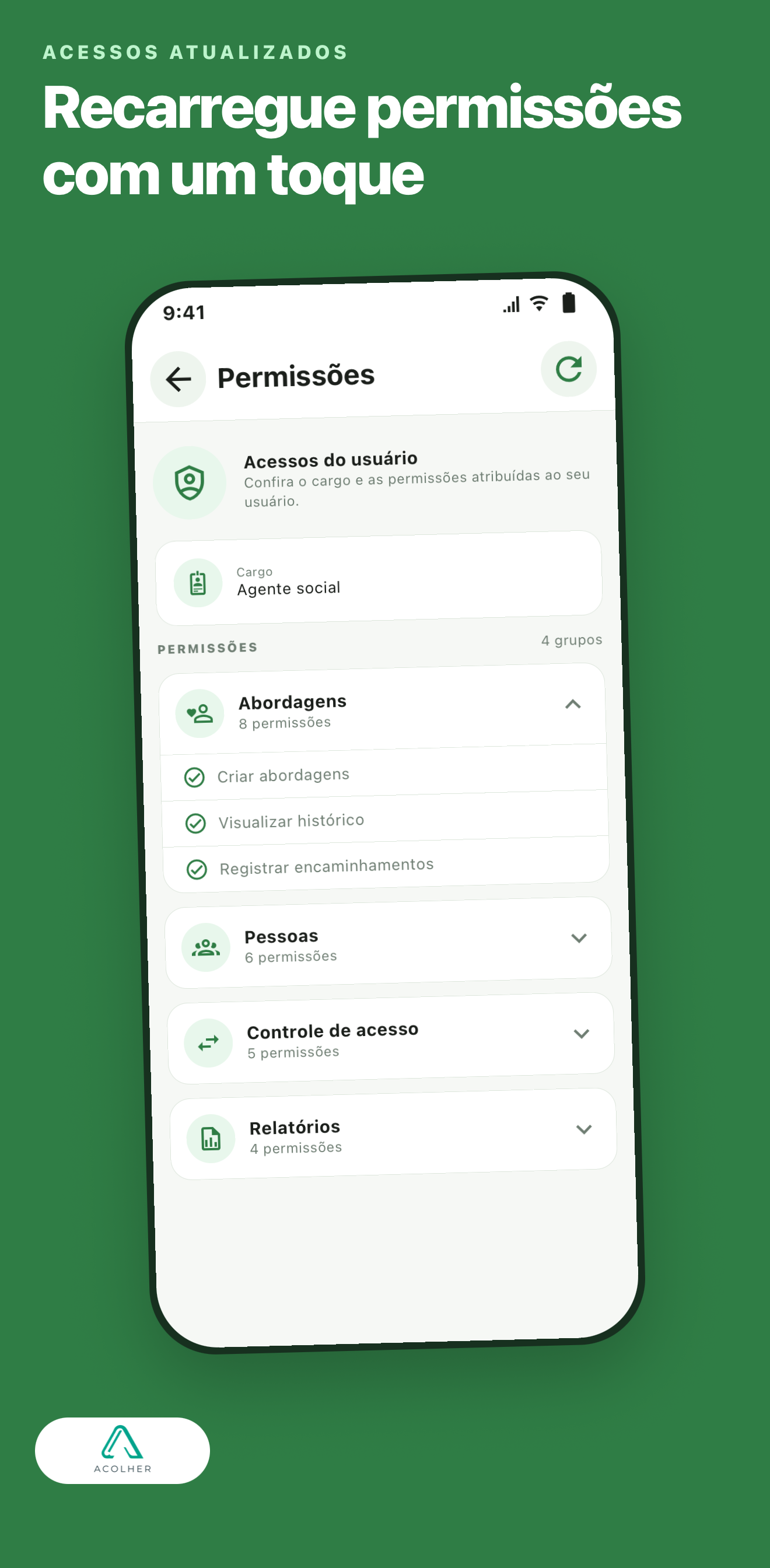 Acolher — Permissões por perfil