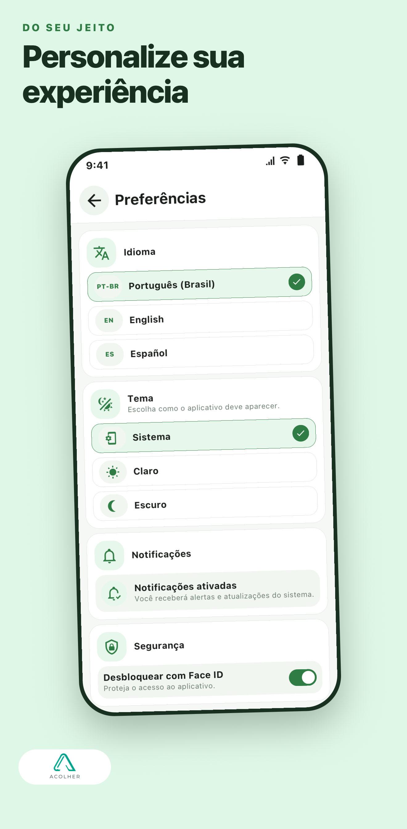 Acolher — Preferências do app