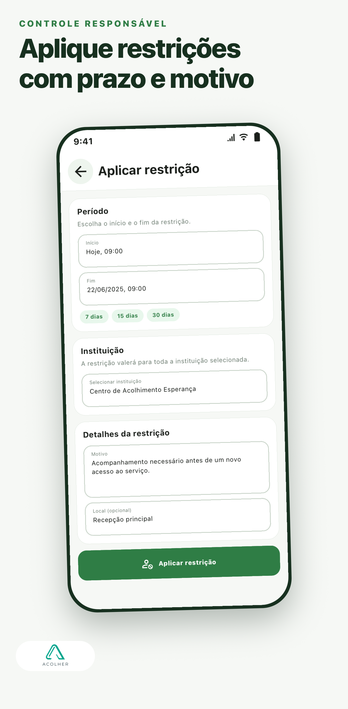 Acolher — Cadastro de restrições